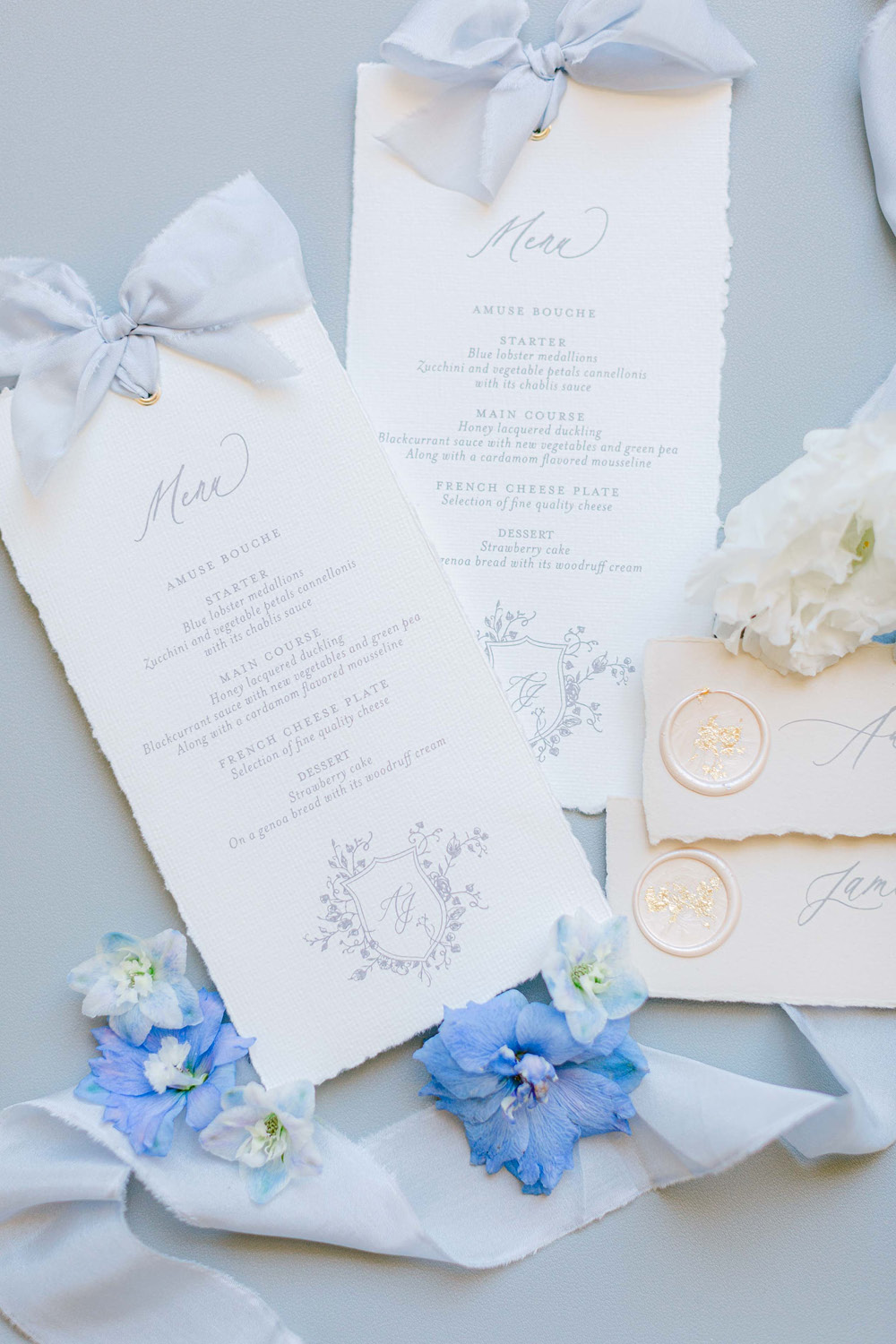 wedding menu card with silk ribbon