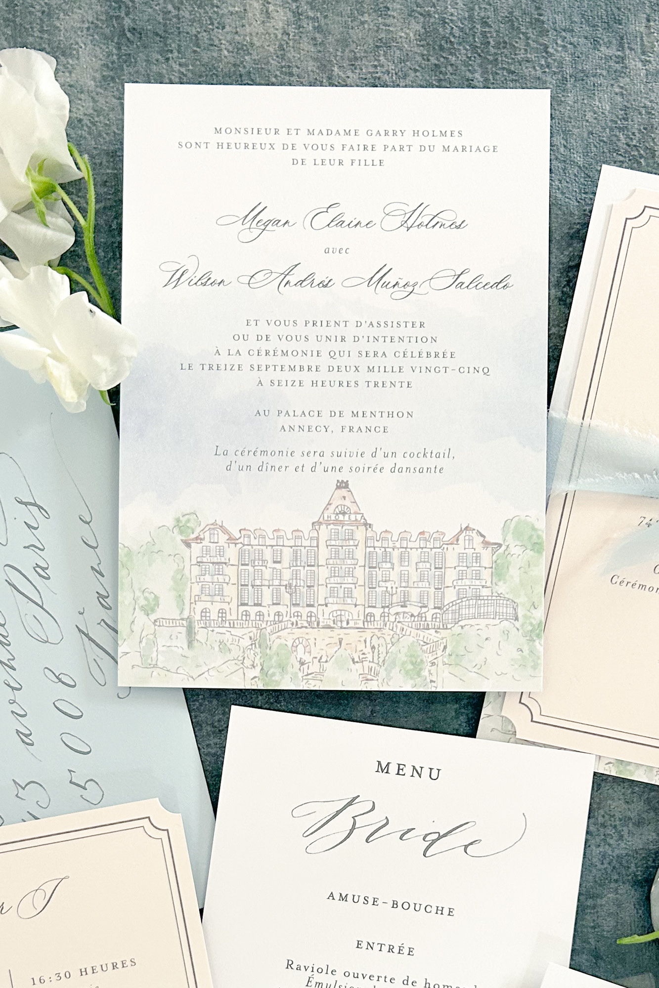 Palace de Menthon Hochzeitseinladung Skizze Digitaldruck