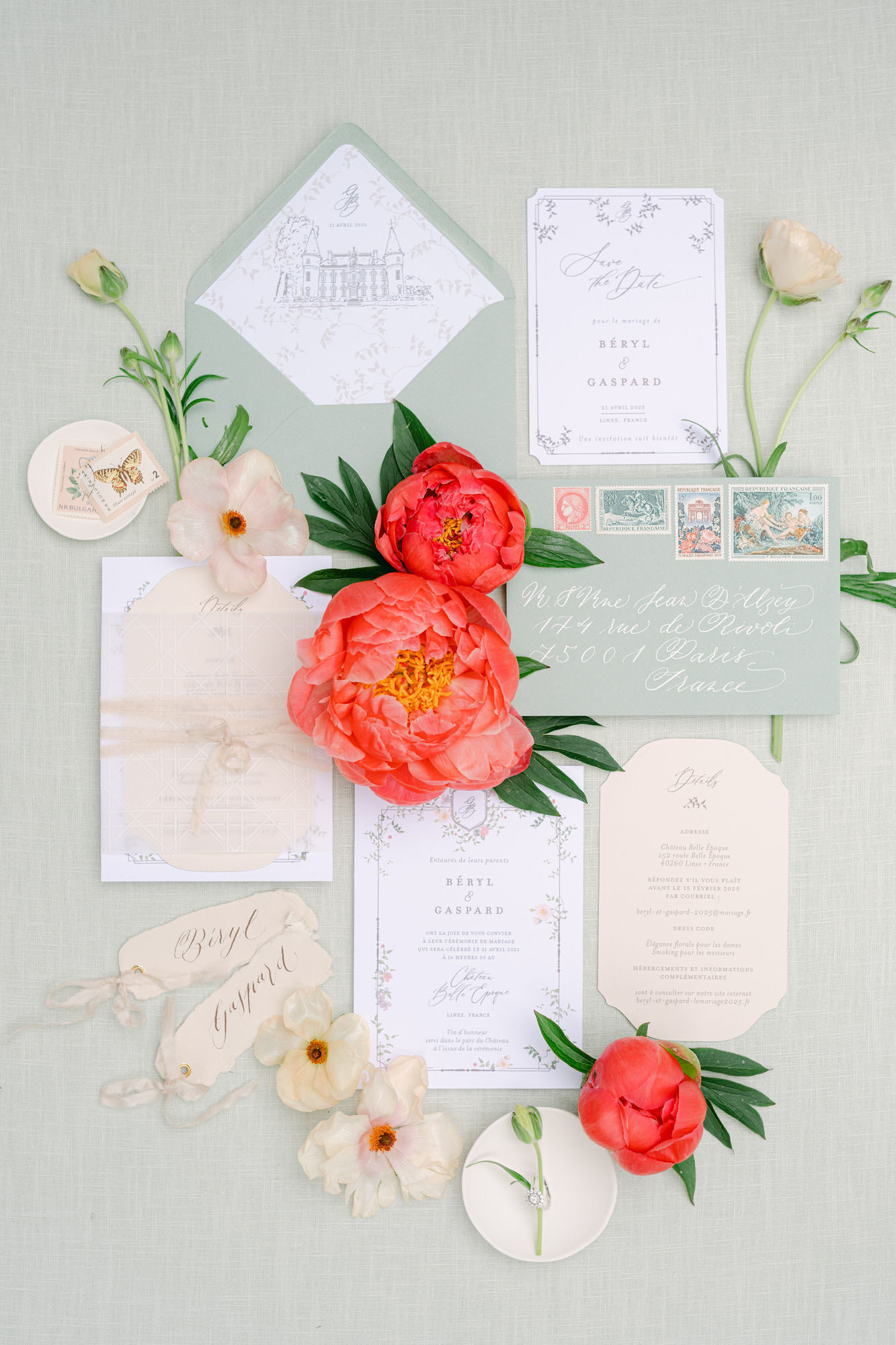 Hochzeitseinladungen Gruen und Blush pink
Was gehört zur Hochzeitspapeterie?
